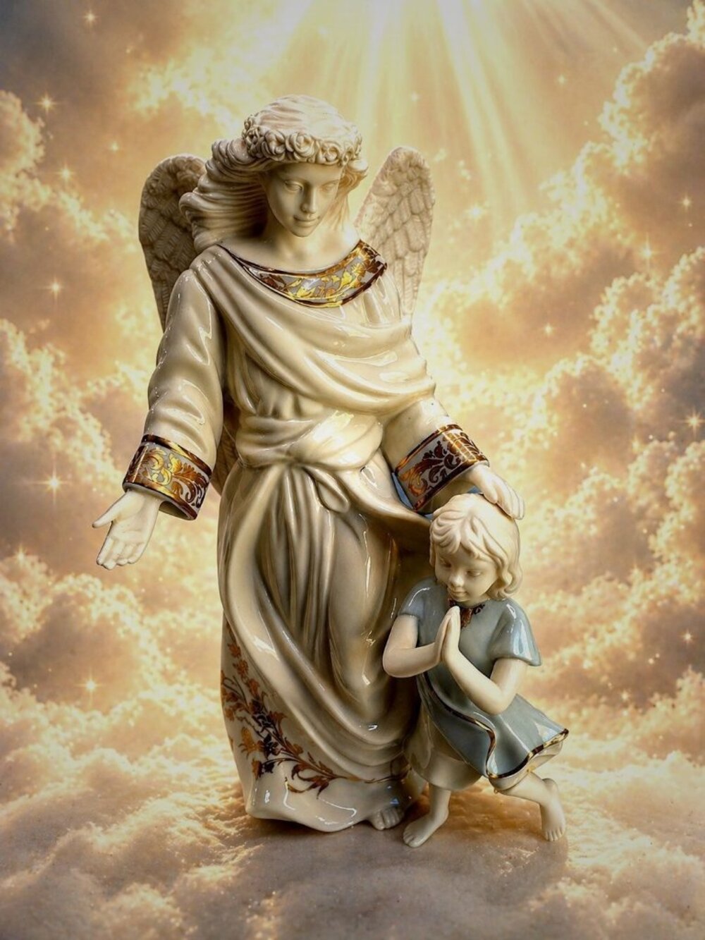 Lenox China Jewels Sheltering Angel Praying Child Gold Trim 9 1/2" 1999